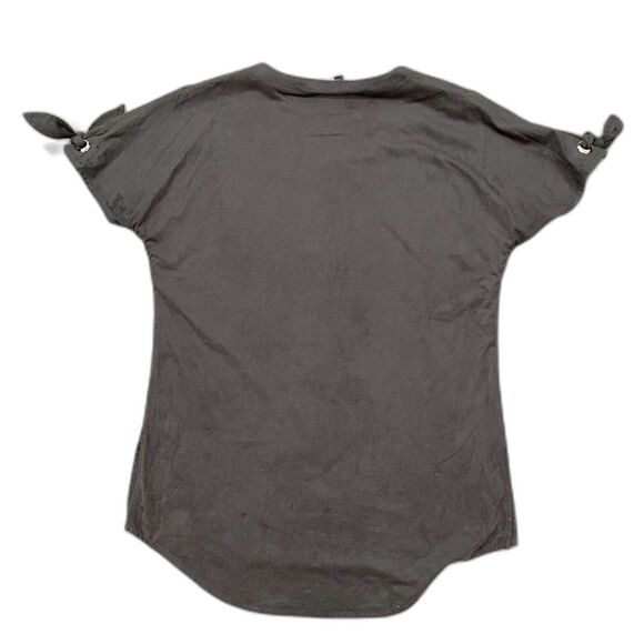 Raffinalla Womens Short Sleeve Micro Suede Top Gray Sz 2 Tie Grommet Round Neck - Picture 5 of 11